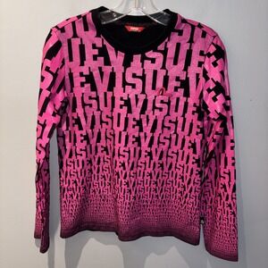 Evisu Long Sleeve T-Shirt Black Pink Logo Pattern Gradient Effect Women SzM Rare